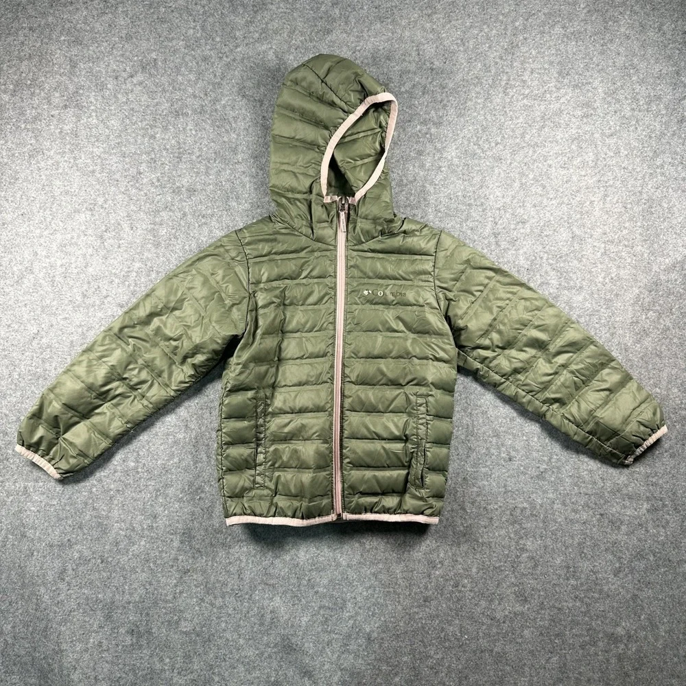 Columbia Puffer Jacket XS Olive Green Pink Trim Insulated Hooded